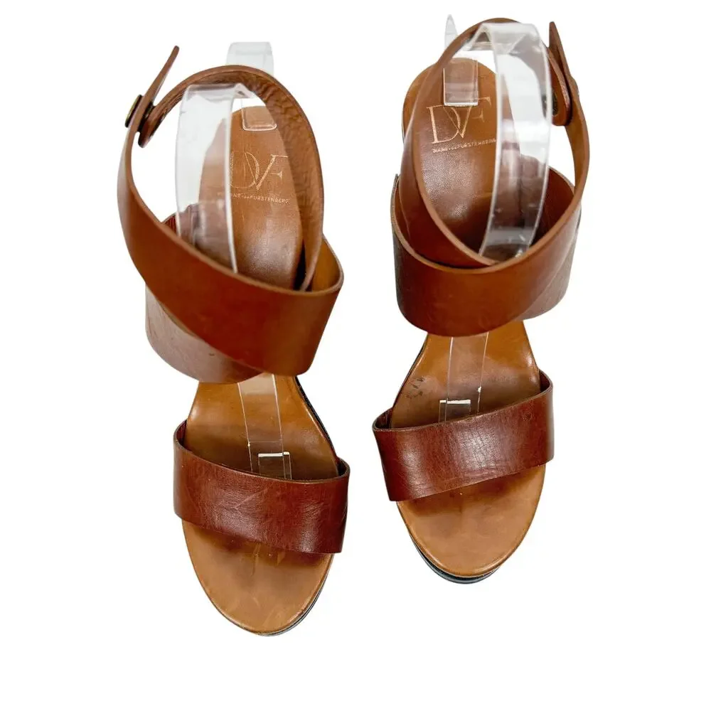 Diane Von Furstenberg Omni Ankle Wrap Platform Wedge Sandals Brown Size 9.5